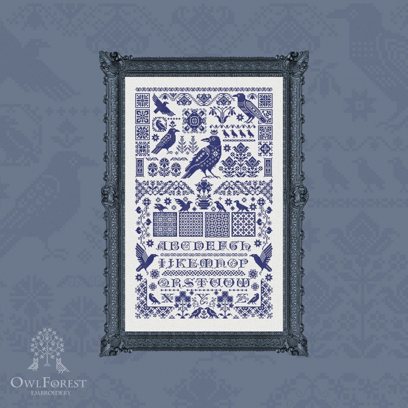 Raven Sampler Latin Letters by Owl Forest Embroidery 2023 Printed counted cross stitch pattern
