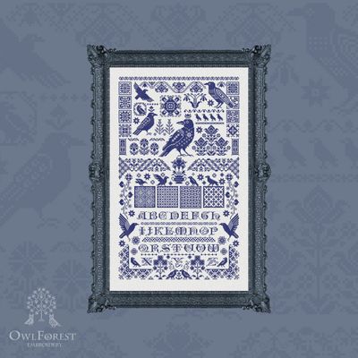 Raven Sampler Latin Letters by Owl Forest Embroidery 2023 Printed counted cross stitch pattern