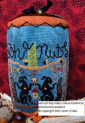 Squirrels On A Pumpkin by Rosewood Manor designer Karen Kluba. Halloween primitive cross stich pattern 2022