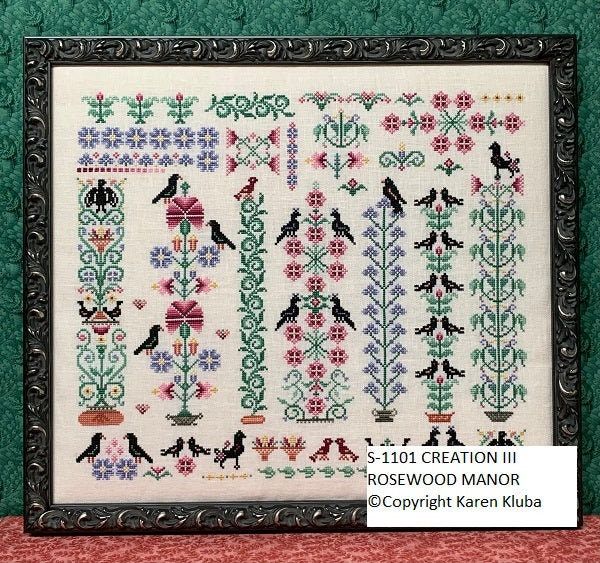 Creation III by Rosewood Manor 2023 designer Karen Kluba. Primitive cross stich pattern