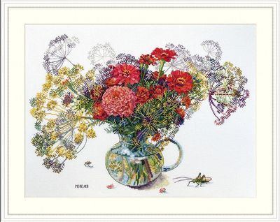 Zinnia and Dill by Merejka 2022 counted cross stitch kit. Beautiful summer bouquet