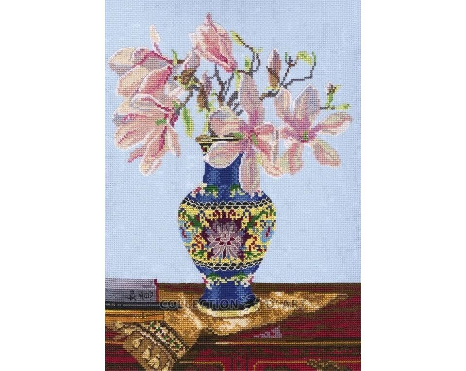 Pink magnolia by RTO. Сounted Cross Stitch Kit. Romantic Spring design