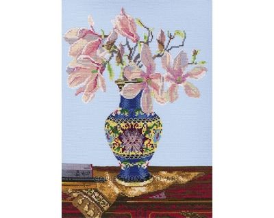 Pink magnolia by RTO. Сounted Cross Stitch Kit. Romantic Spring design