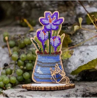 Crocuses in a blue vase by Wonderland Crafts Spring Bead embroidery kit on wood Made in Ukraine