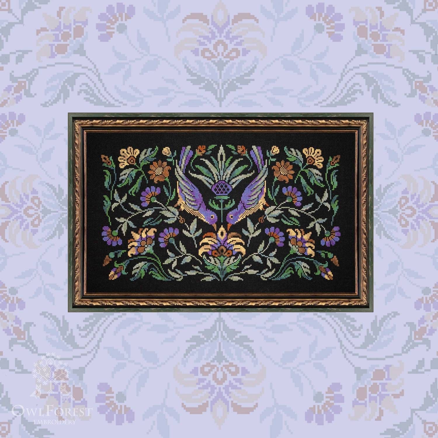 Amethyst Bird Night Songs by Owl Forest Embroidry 2024 Counted Cross Stitch pattern, Set of Hand-Dyed Threads DMC 28, 32 ct with 2 strands