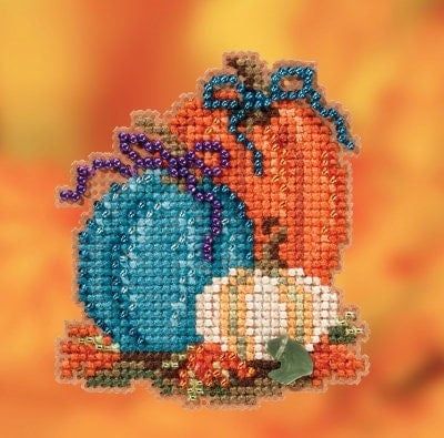 Pumpkin Trio by Mill Hill. Autumn Harvest Ornaments. Glass bead counted cross stitch kit (2020). Be ready for the Fall Season!