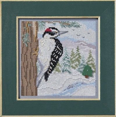 Winter Woodpecker by Mill Hill Winter Series 2024 Buttons and Beads Counted cross stitch with beading embroidery kit
