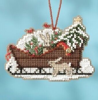 Woodland Sleigh by Mill Hill. Beaded Christmas Ornaments cross stitch kit with Charm. Happy Christmas Season embroidery