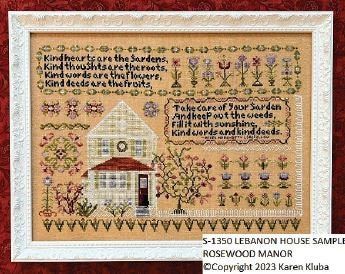 Lebanon House Sampler by Rosewood Manor Design 2023. Primitive cross stich pattern designer Karen Kluba