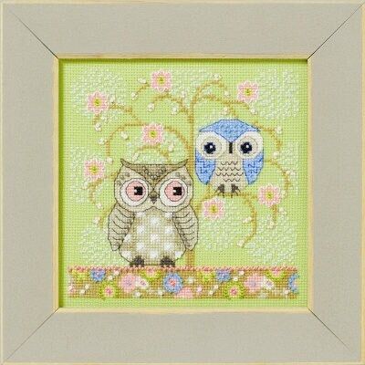 Spring Owls by Mill Hill 2024 Artful Owls Series Debbie Mumm kits. Stitched and Beaded cross stitch kit