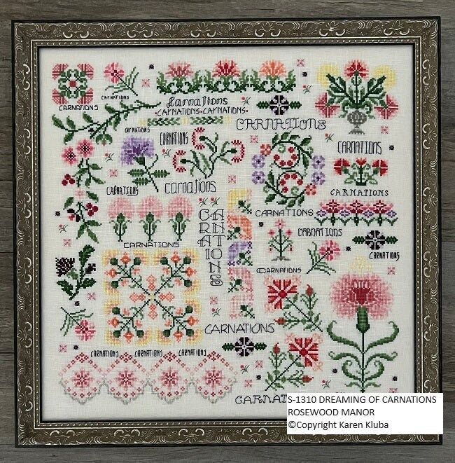 Dreaming of Carnations by Rosewood Manor Design Beautiful Flower primitive cross stich pattern 2023