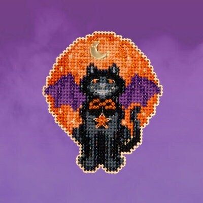 Bat Cat by Mill Hill. Autumn Harvest Ornaments Collection. Glass bead counted cross stitch kit 2023. Be ready for Halloween!