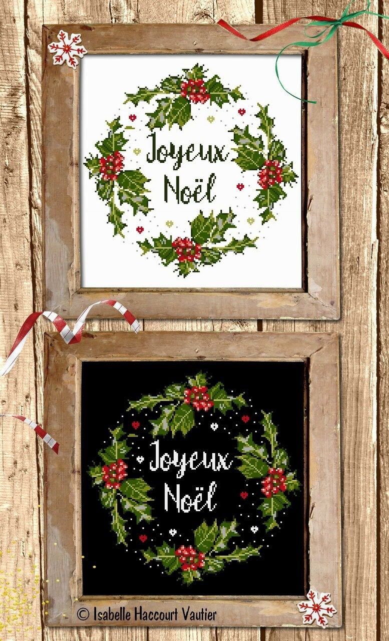 Couronne Houx Joyeux Noël (Holly wreath Merry Christmas) by Isabelle Haccourt Vautier Printed cross stich pattern