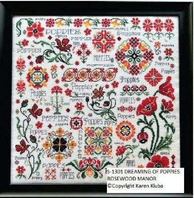 Dreaming of Poppies by Rosewood Manor designer Karen Kluba. Beautiful Flower primitive cross stich pattern