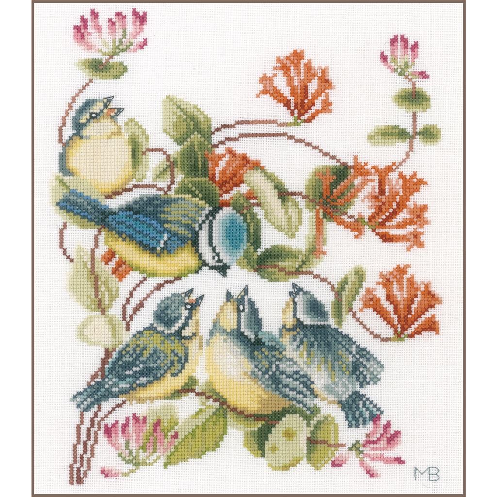 Chickadees by Lanarte designer Marjolein Bastin. Counted Cross Stitch Kit