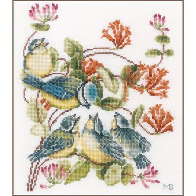 Chickadees by Lanarte designer Marjolein Bastin. Counted Cross Stitch Kit