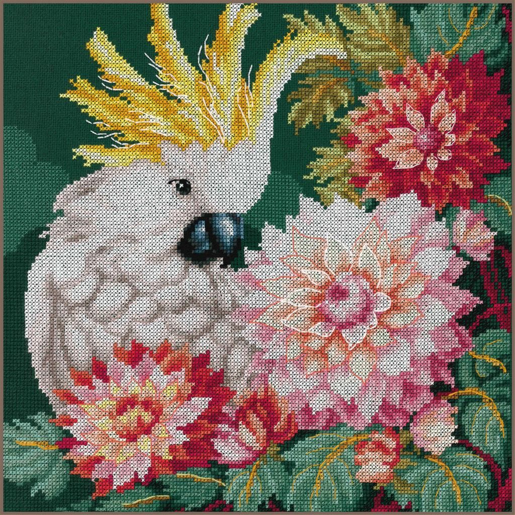 Cockatoo&#39;s dahlias by Lanarte. Animals Collection 90 years Lanarte! Counted Cross Stitch kit 2024