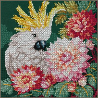Cockatoo&#39;s dahlias by Lanarte. Animals Collection 90 years Lanarte! Counted Cross Stitch kit 2024