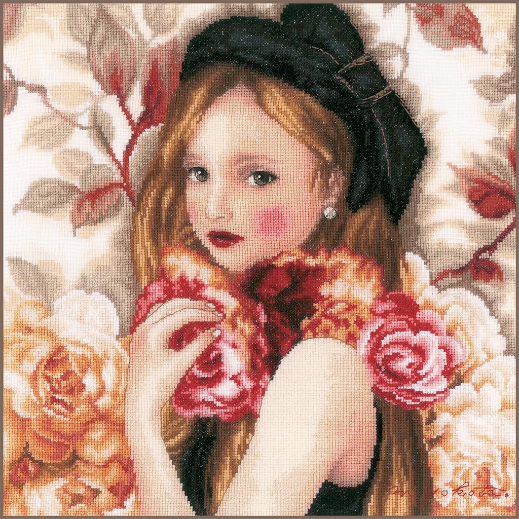 I Hold Roses by Lanarte 2021 Romance Collection Counted Cross Stitch kit Lovely Young Girl in gorgeous Roses.
