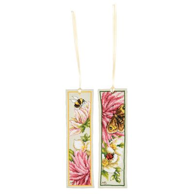 Pink silk dahlia set of 2 bookmarks by Lanarte 2025 Marjolein Bastin Collection Floral Counted cross stitch Kit