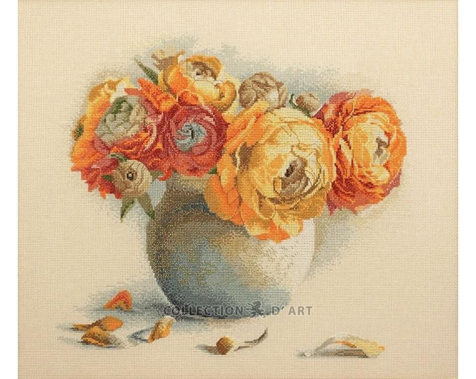 Bouquet Of Ranunculuses by RTO Beautiful Flowers Counted Cross Stitch Kit. Floral embroidery kit