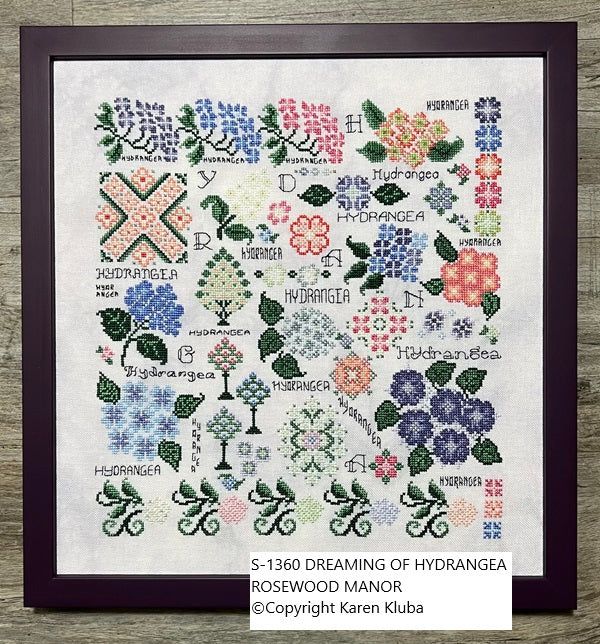 Dreaming of Hydrangea by Rosewood Manor 2025 designer Karen Kluba Beautiful Flower primitive cross stich pattern