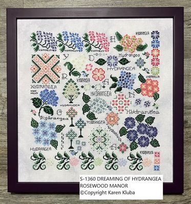 Dreaming of Hydrangea by Rosewood Manor 2025 designer Karen Kluba Beautiful Flower primitive cross stich pattern