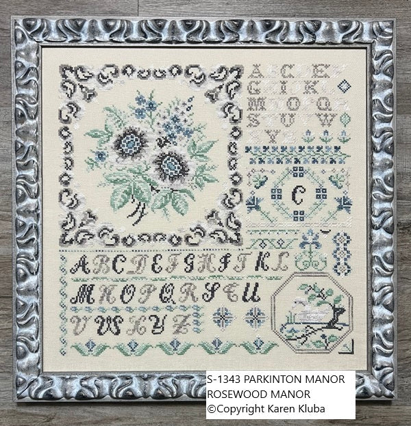 Parkington Manor Sampler by Rosewood Manor 2025 designer Karen Kluba Beautiful counted cross stich pattern