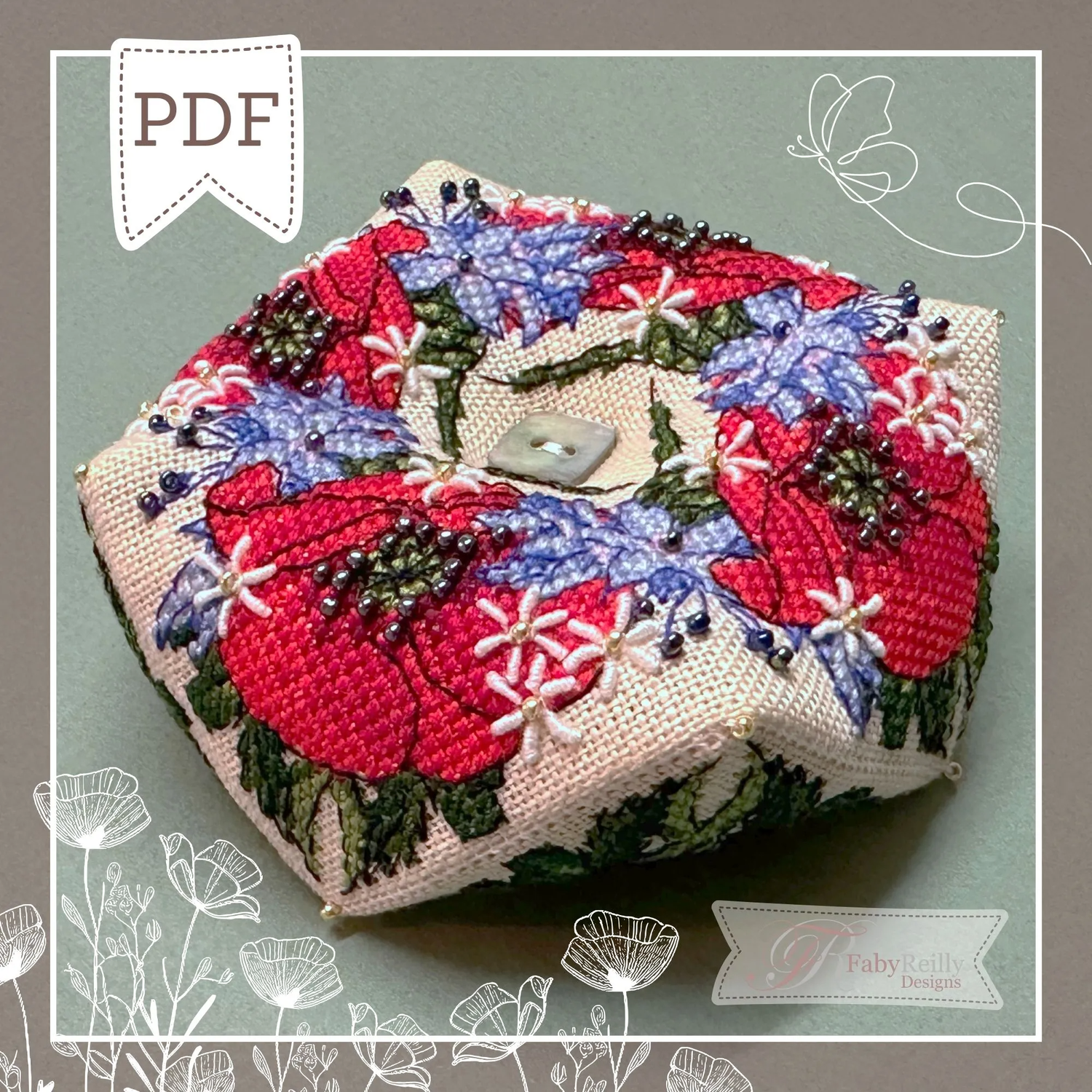 Field Flowers Biscornu by Faby Reilly Designs 2024 Counted Cross Stitch pattern Expert Level