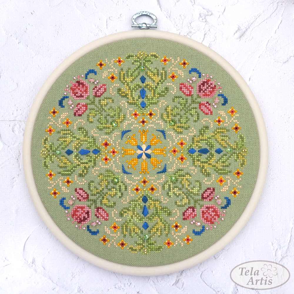 Bloomy mandala by Tela Artis Cross stitch embroidery Kit with hoops