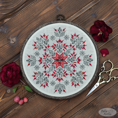 Rosehip mandala by Tela Artis Cross stitch embroidery Kit with hoops