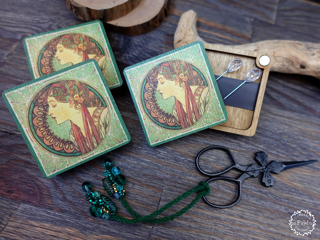 Laurel by Alphonse Mucha Art Nouveau Magnetic needle holder by Primitive and Wood (P&amp;W) Designer embroidery accessories