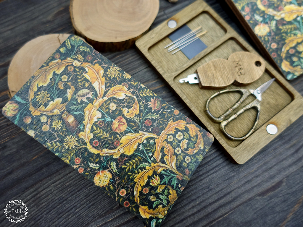 William Morris Tapestry Magnetic needle minder box by Primitive and Wood (P&amp;W) Designer embroidery accessories
