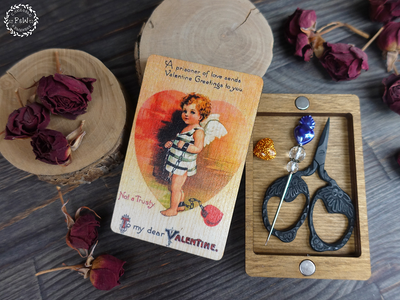 St. Valentine’s Vintage Postcard Mini Magnetic Box by Primitive and Wood (P&amp;W) Designer embroidery accessories
