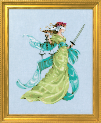 Lady Justice by Mirabilia Designs 2018 designer Nora Corbett, Cross stitch pattern, embellishment pack