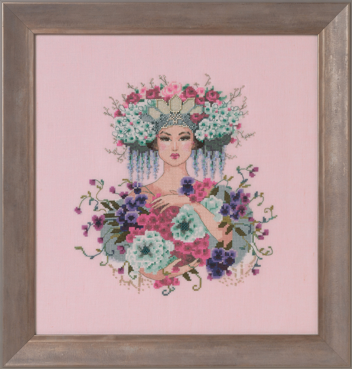 Botanical Garden by Mirabilia 2021 designer Nora Corbett Lovely Lady in flowers Counted cross stitch pattern, Embellishment Pack