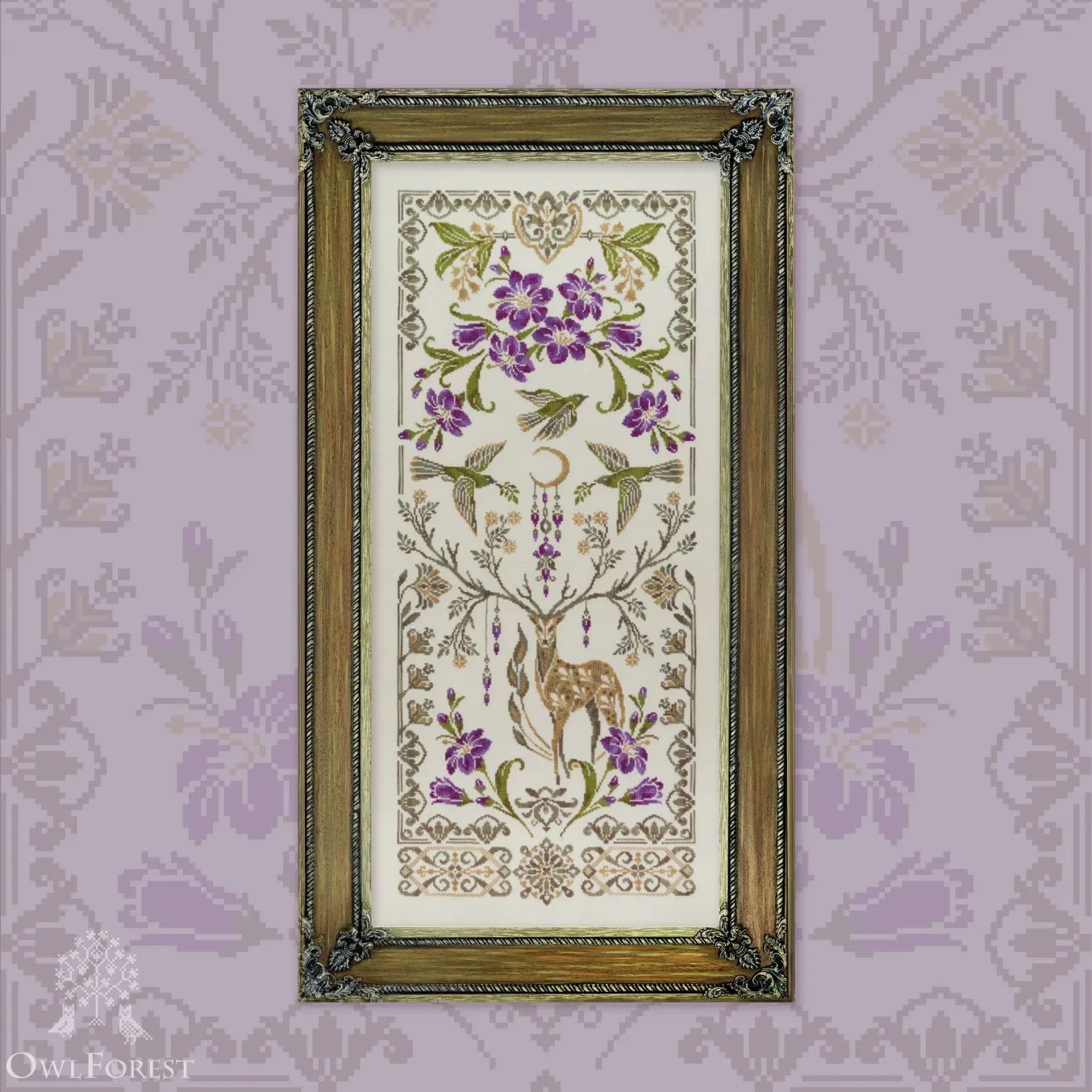 Moon Deer by Owl Forest Embroidery 2023. Printed counted cross stitch pattern, Set of Hand-Dyed Threads DMC 32 ct with 2 strands