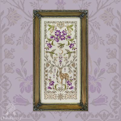 Moon Deer by Owl Forest Embroidery 2023. Printed counted cross stitch pattern, Set of Hand-Dyed Threads DMC 32 ct with 2 strands