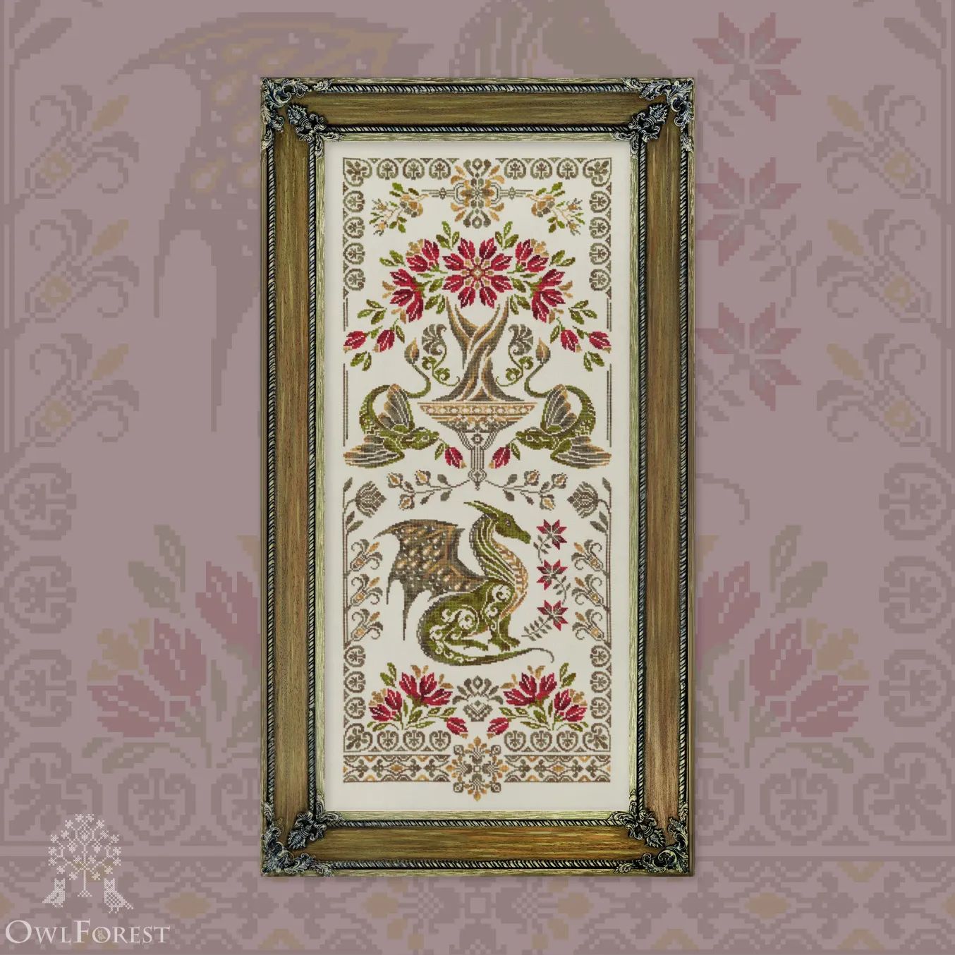 Star Dragon by Owl Forest Embroidery 2023. Printed counted cross stitch pattern, Set of Hand-Dyed Threads DMC 32 ct with 2 strands