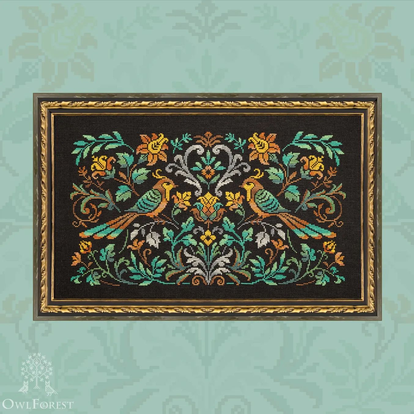 Emerald Bird Night Songs by Owl Forest Embroidery 2024 Counted Cross Stitch pattern, Set of Hand-Dyed Threads DMC 32, 36 ct. with 2 strands