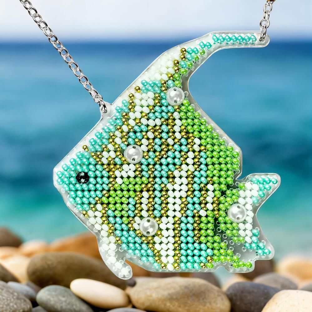 Green Tropical Fish Double-sided beading kit on plastic by Wonderland Crafts 2025 Bead embroidery kit on a plastic base