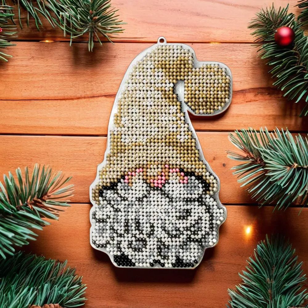Gnome by Wonderland Crafts Christmas Bead embroidery kit on a plastic base