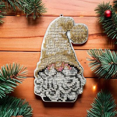 Gnome by Wonderland Crafts Christmas Bead embroidery kit on a plastic base