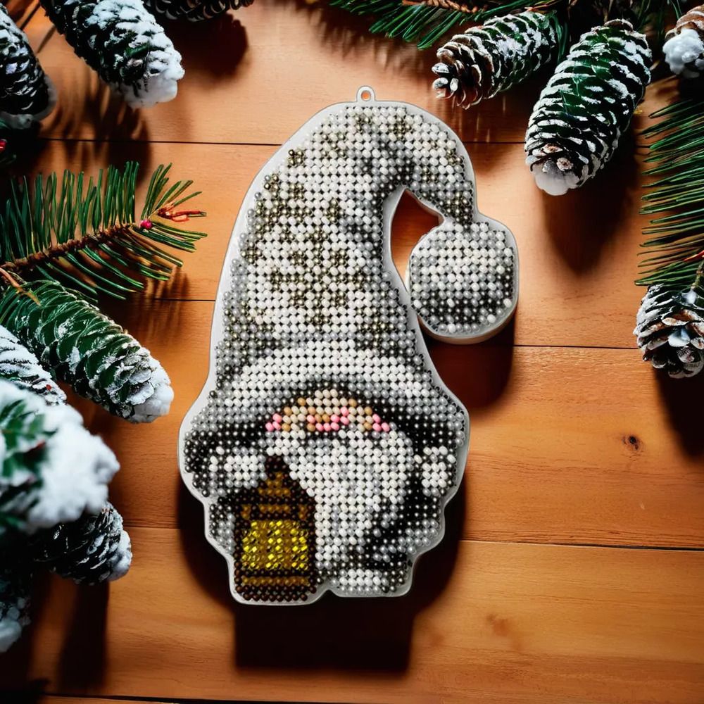 Gnome with Lantern by Wonderland Crafts Christmas Bead embroidery kit on a plastic base