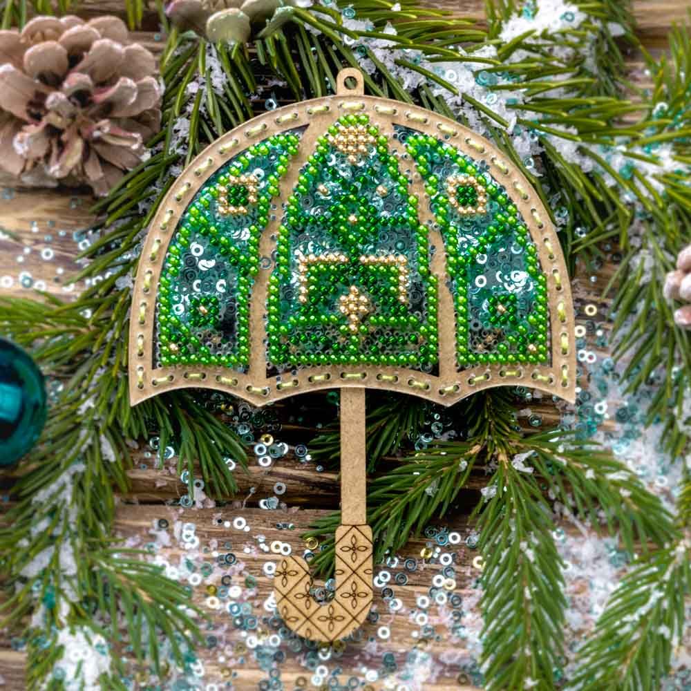 Green Umbrella by Wonderland Crafts Christmas Bead embroidery kit on a plastic base