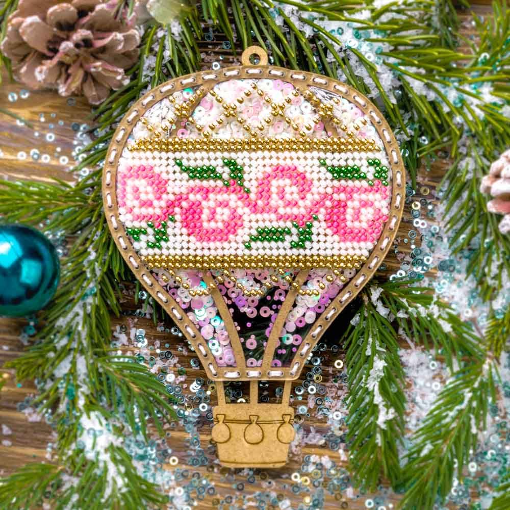 Pink balloon by Wonderland Crafts Christmas Bead embroidery kit on a plastic base