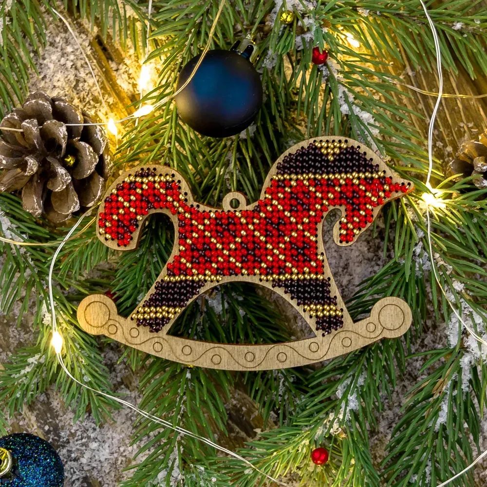 Red Christmas Ornament - Rocking Horse by Wonderland Crafts Christmas Tree toy Bead embroidery kit on wood Made in Ukraine