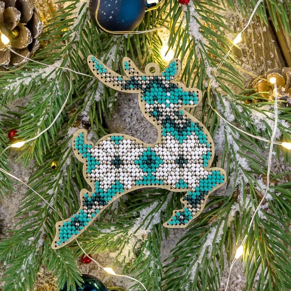 Reindeer with white flowers - Christmas Ornament by Wonderland Crafts Christmas Tree toy Bead embroidery kit on wood Made in Ukraine