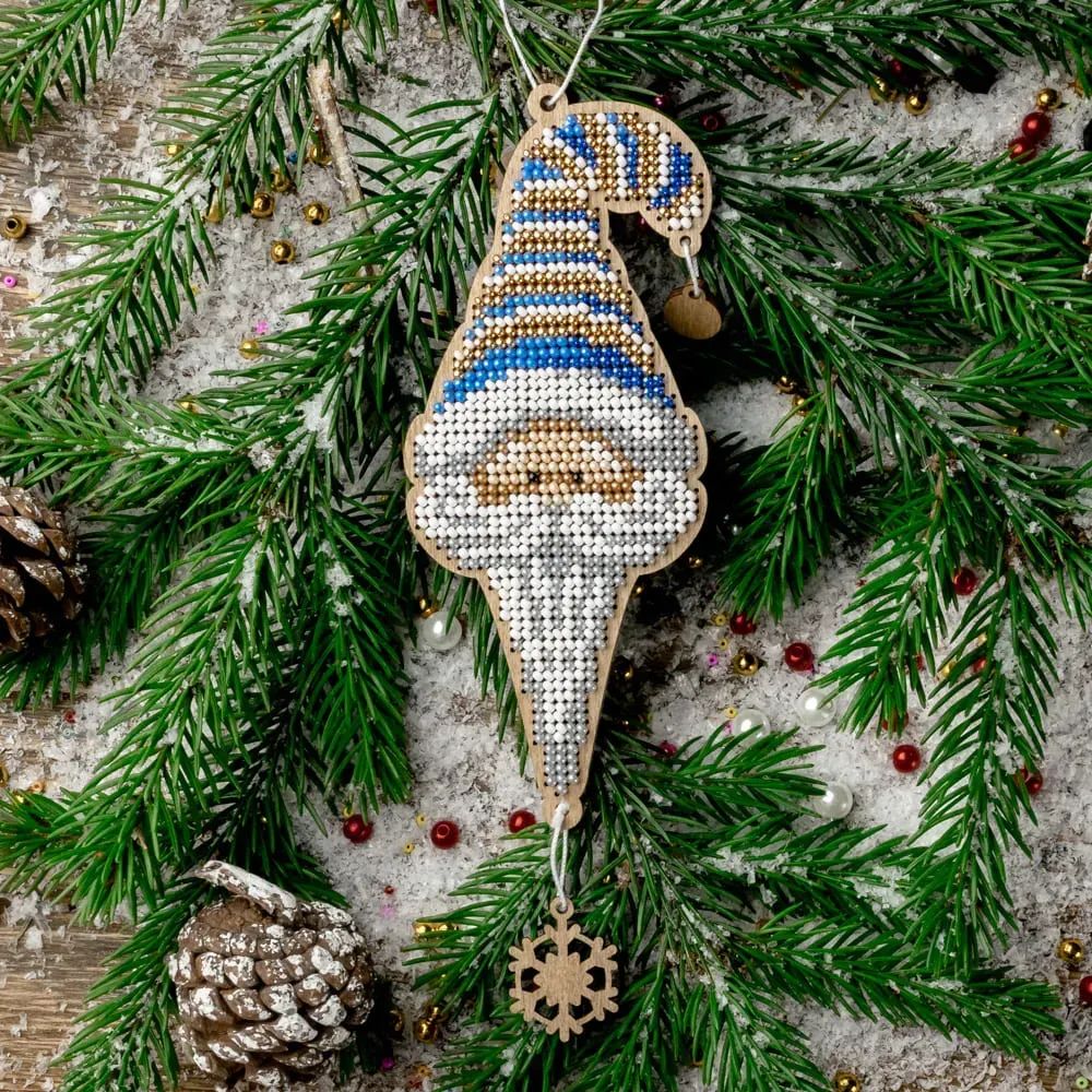 Gnome In Blue Hat by Wonderland Crafts Christmas Bead embroidery kit on wood Made in Ukraine