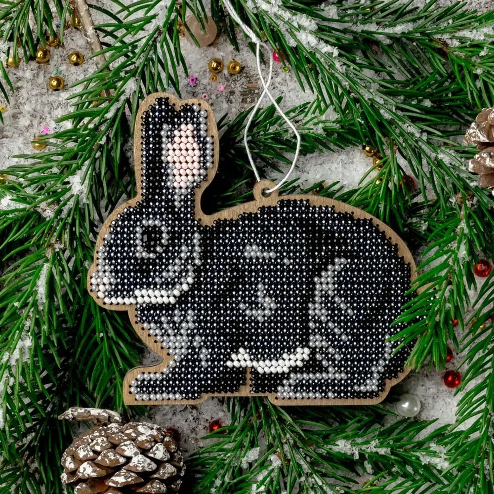 Black Rabbit by Wonderland Crafts Christmas Bead embroidery kit on wood Made in Ukraine